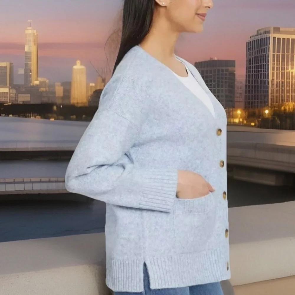 Ella Moss Womens Relaxed Boyfriend Fit Pockets Button-Up Cardigan Blue- Last One - Picture 3 of 4